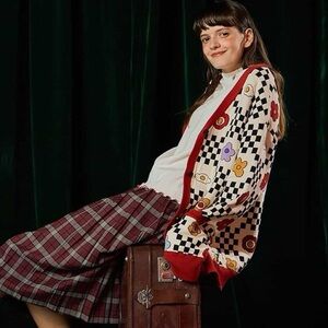 Kina & Tam Floral Funky Cardigan Oversized Knit Sweater Fried Egg Checkerboard L